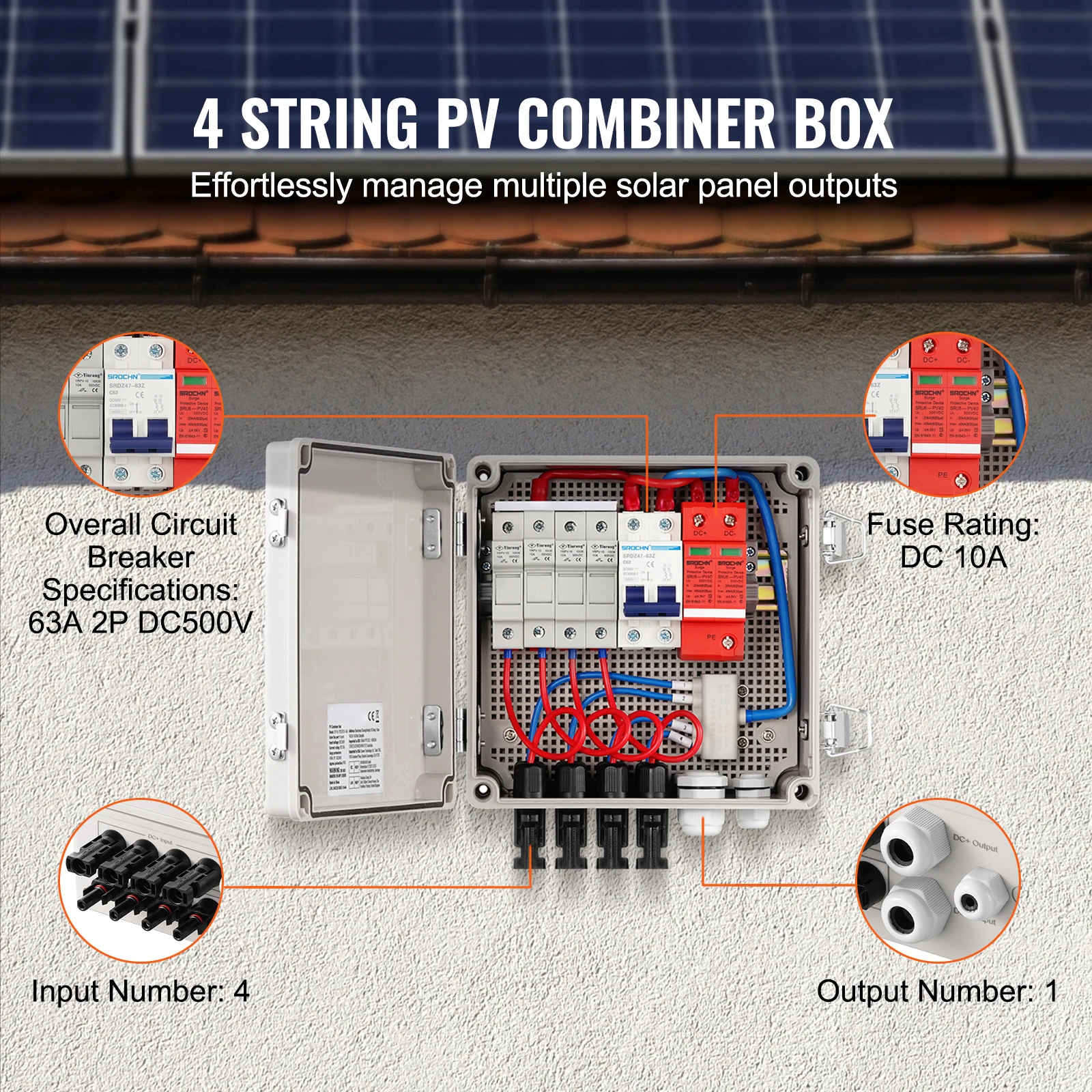 SucceBuy PV Combiner Box 4 String / 6 String Solar Combiner Box 10A / 15A Rated Current Fuse for On/Off Grid Solar Panel System