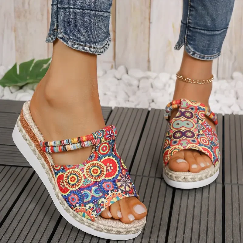 

Women's Skull Printed Sandals, Colorful Woven Seaside Slide Platform Shoes, Halloween Comfort Wedge Beach Slide