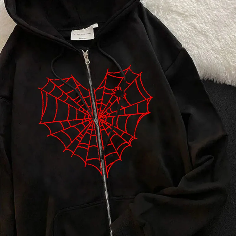 Neue Frauen Halloween Y2K Hoodies Langarm Reiß verschluss Kapuzen pullover Jap Korean Ins Style Spinnennetz bedruckte Tops 300g