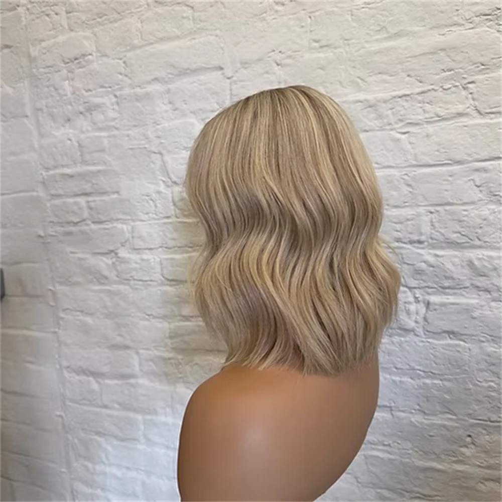 10 Inches Short Wave Bob 13x4 Ombre Ash Blonde Synthetic HD Lace Front Wig Heat Resistant Fiber Wigs Realistic Look Hairline
