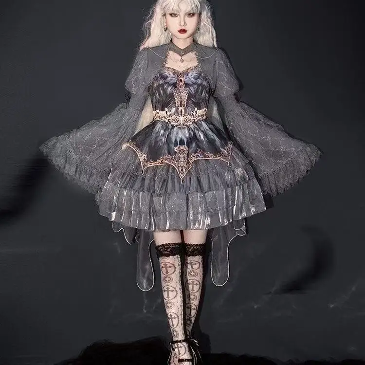 

Retro Classic Black Swan Lolita Dress Women Multi Layer Cake Hemline Ceremony Banquet Uniform Halloween Princess Cosplay Suit