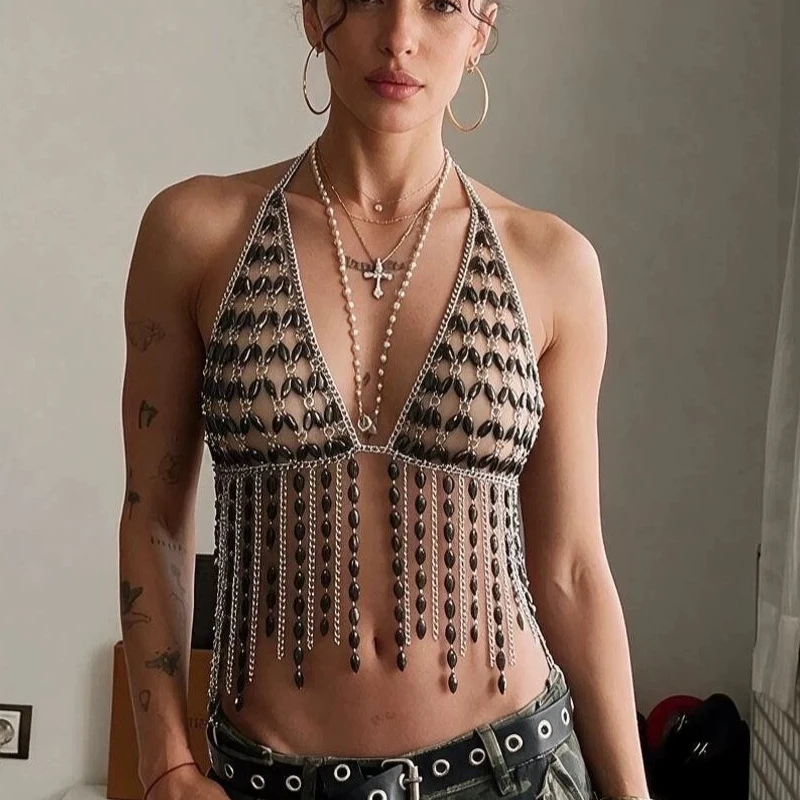 Bling Rhinestone Crop Top Vest for Women Sexy Acrylic Crystal Body Chain Bra Tops Nightclub Party Rave Halter Tank Tops Clubwear