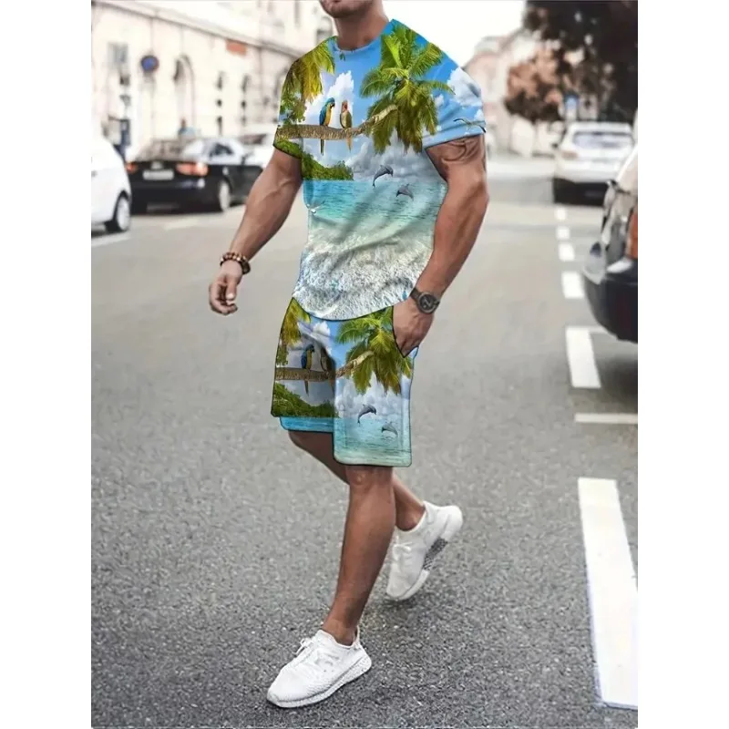 2025 Hawaii Coconut 3D Printed Fashion Round Neck Men's Daily Set Casual Short Sleeve Shorts Harajuku Street Fashion Set