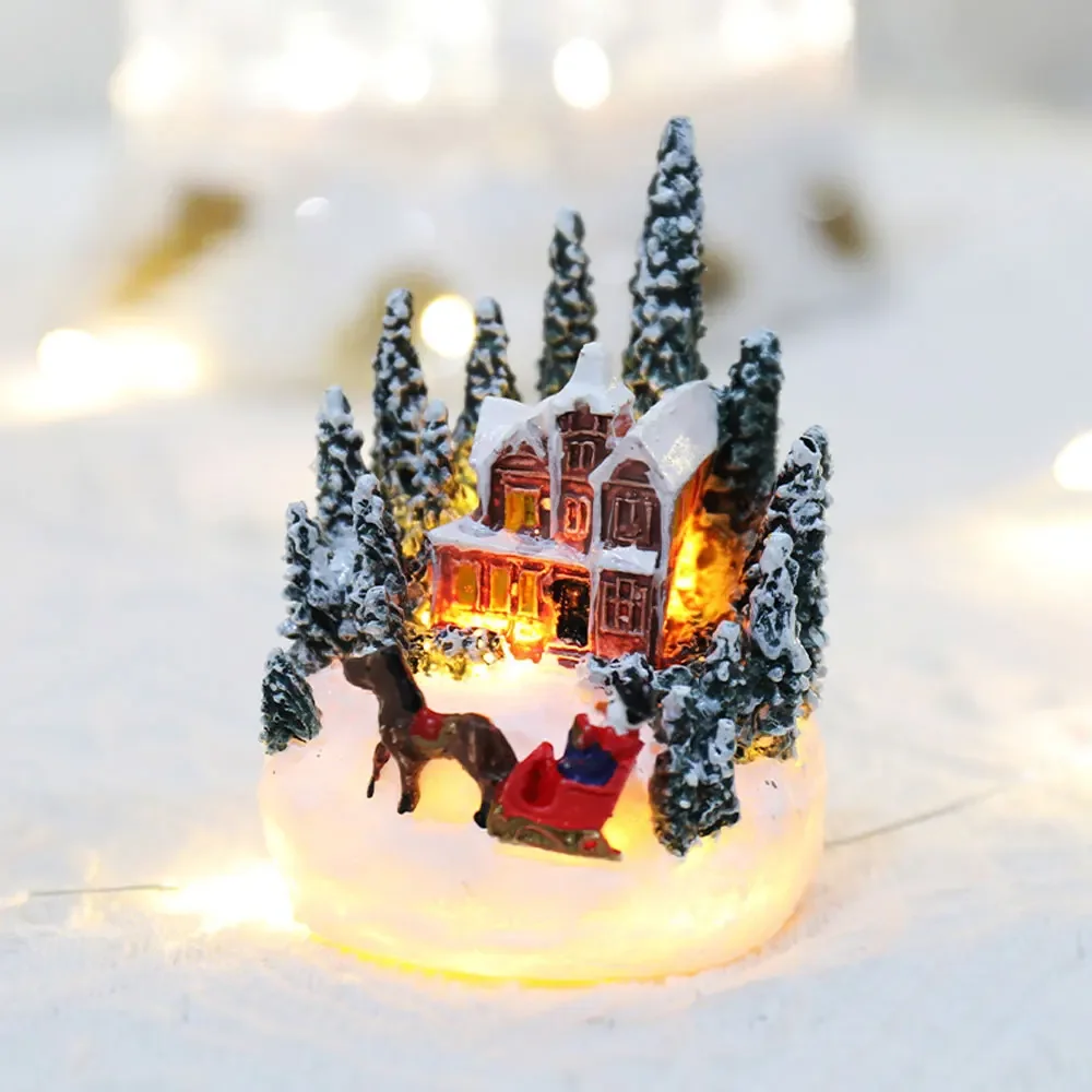 

Xmas Party Decors Christmas Village House Figurine Shaped Luminous Micro Mini Dining Room Table Christmas Decorations Pendant