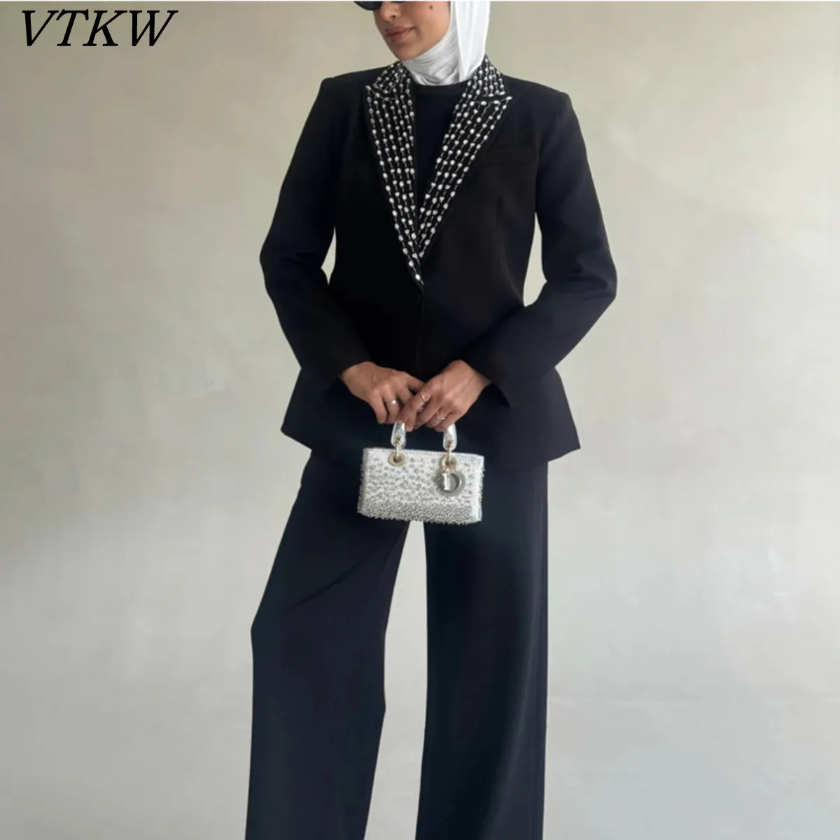 

VTKW 2026 New Women Elegant Blazer Lapel Collar Single Button Long Sleeve Pocket Solid Color Casual Office Wear Outercoat