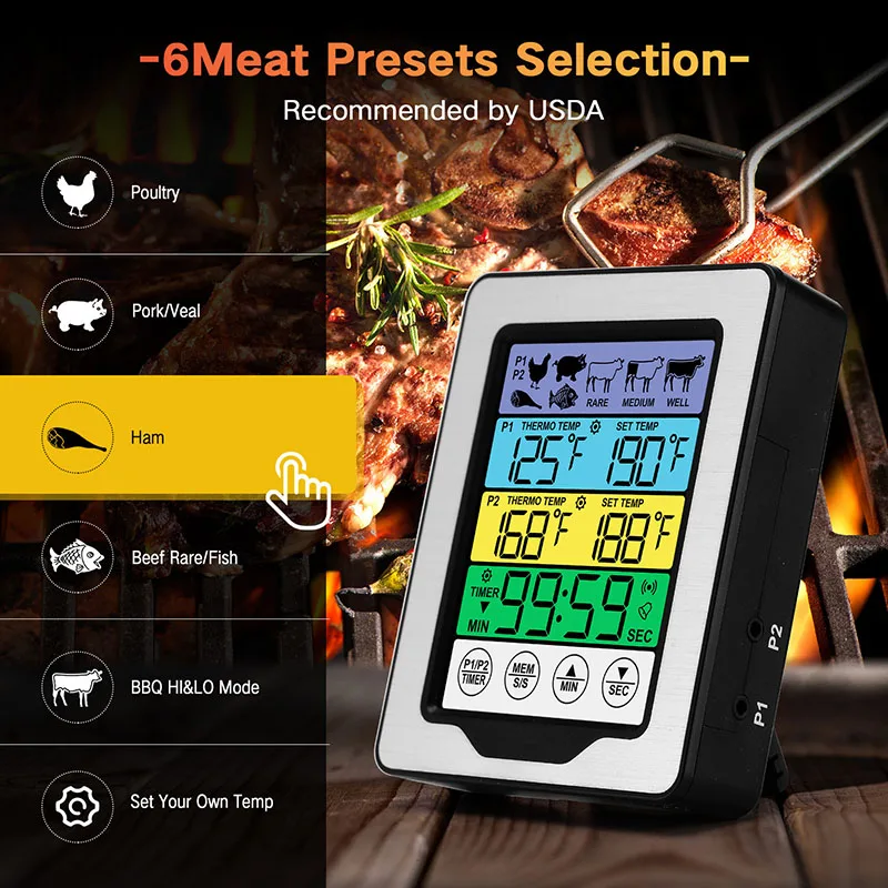 Touch Screen Digital Meat Thermometer BBQ Kitchen Cooking Thermometer With Timer Two Meat Probes Backlight Oven Thermometer