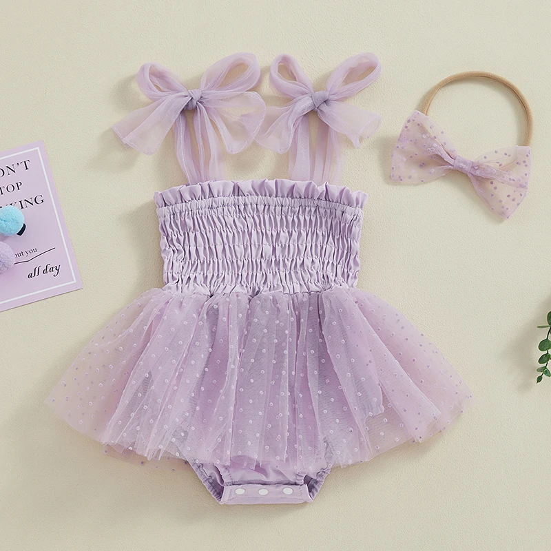 Baby Girl 2Pcs Summer Outfits Sleeveless Tie Strap Smocked Romper Dress with Headband Set Infant Clothes