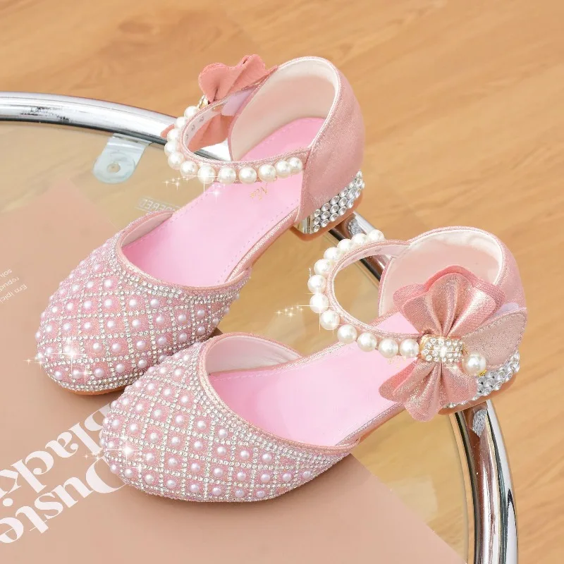 

Girls Party Shoes Children Shiny Crystal Bow High Heels Girls Sandals Summer Kids Student Performance Princess Rhinestones Shoes
