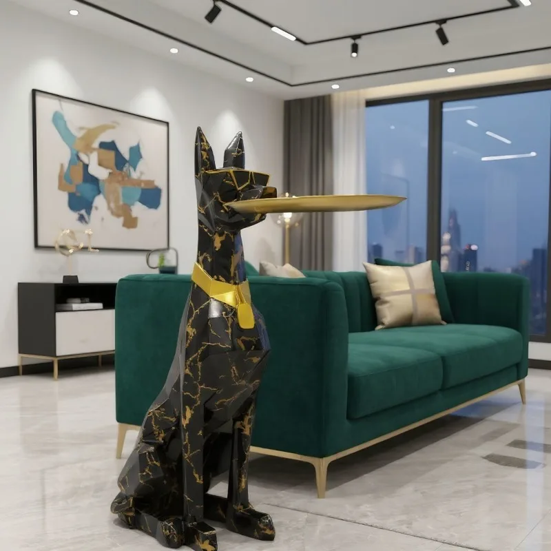 pp-Modern Decor Dog Statue Tray Storage Living Room Floor Ornament Doberman Sculpture Animal Figurine Resin Model Crafts Gift