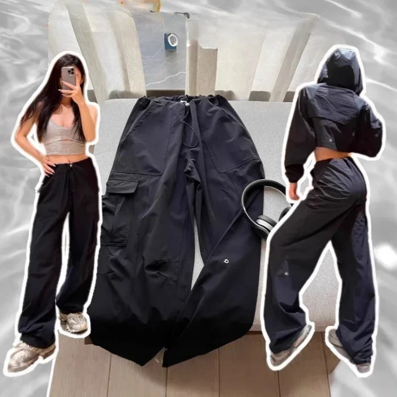 Sport Wide Leg Pants Women High-waisted Thin Quick-drying Drawstring Cargo Pants Casual Loose Black Straight Trousers Women