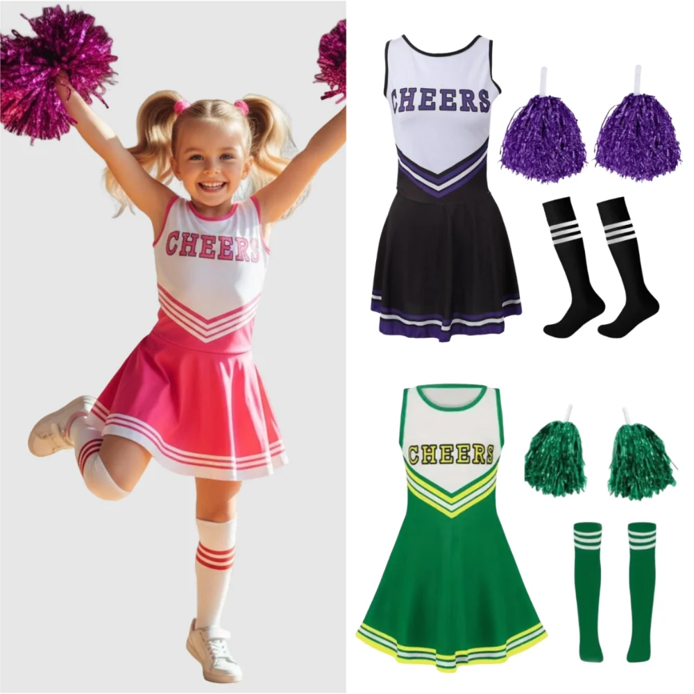 

Cheerleading Uniform Dress 3 Colors Available for Selection Cheerleader Costume With Pom Poms And Socks For School Sports Day
