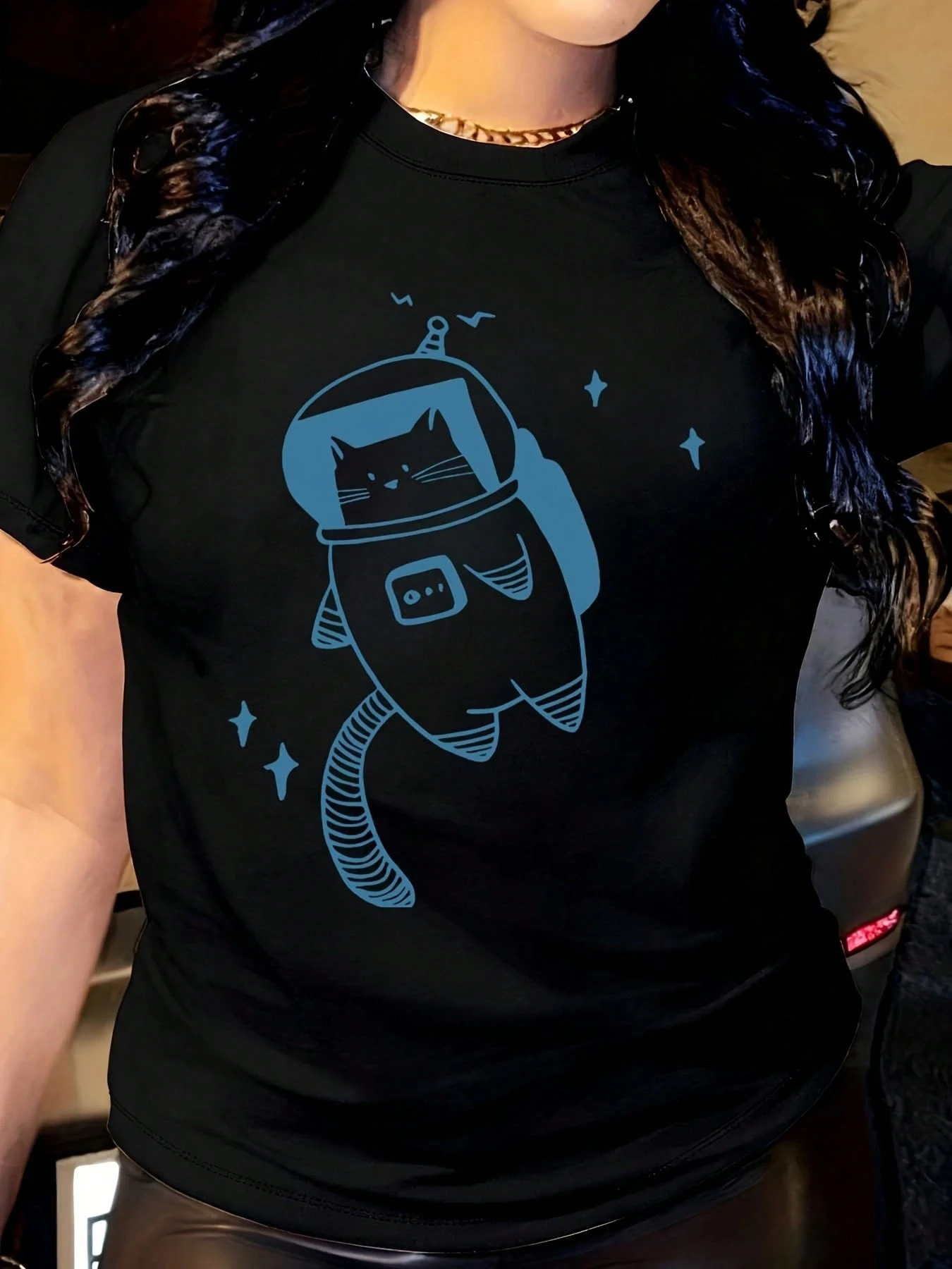 

Women's T-shirt - Cat Astronaut Printed Loose Fit Round Neck T-shirt Suitable for Daily Wear Comfortable Fabric