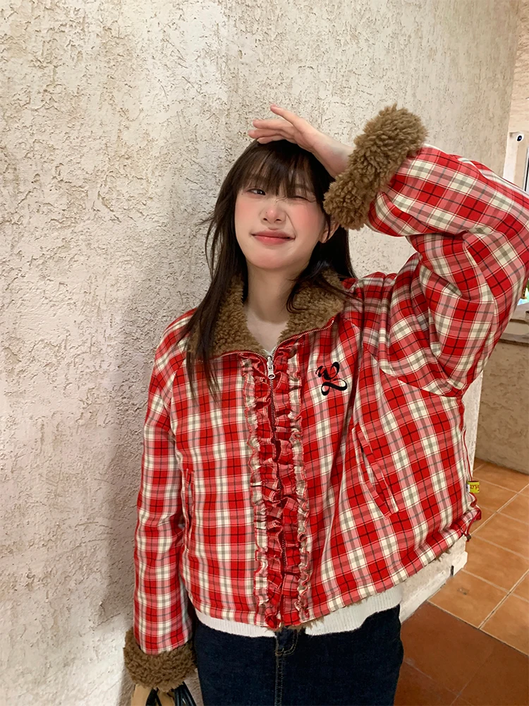 

Double-Sided Wear Plaid Cotton Jaet Warm Lamb Velvet Girl's Retro Korean Sle Sweet College Sle Straight Cut Thiened Z...