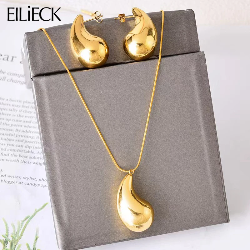 EILIECK 316L Stainless Steel Gold Color Waterproof  Waterdrop Necklace Earrings Trendy For Women New Party Gift Jewelry Set