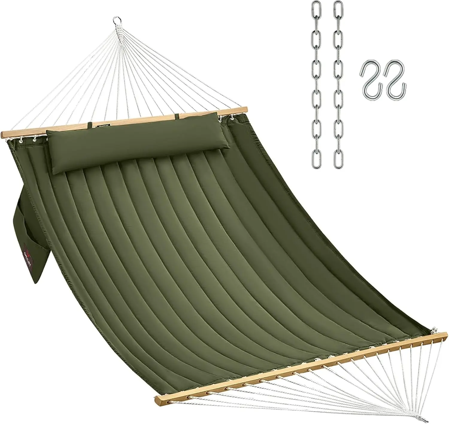 

Double Quilted Fabric Hammock with Hardwood Spreader Bars and Pillow 450 LBS Capacity 2 Person Large
