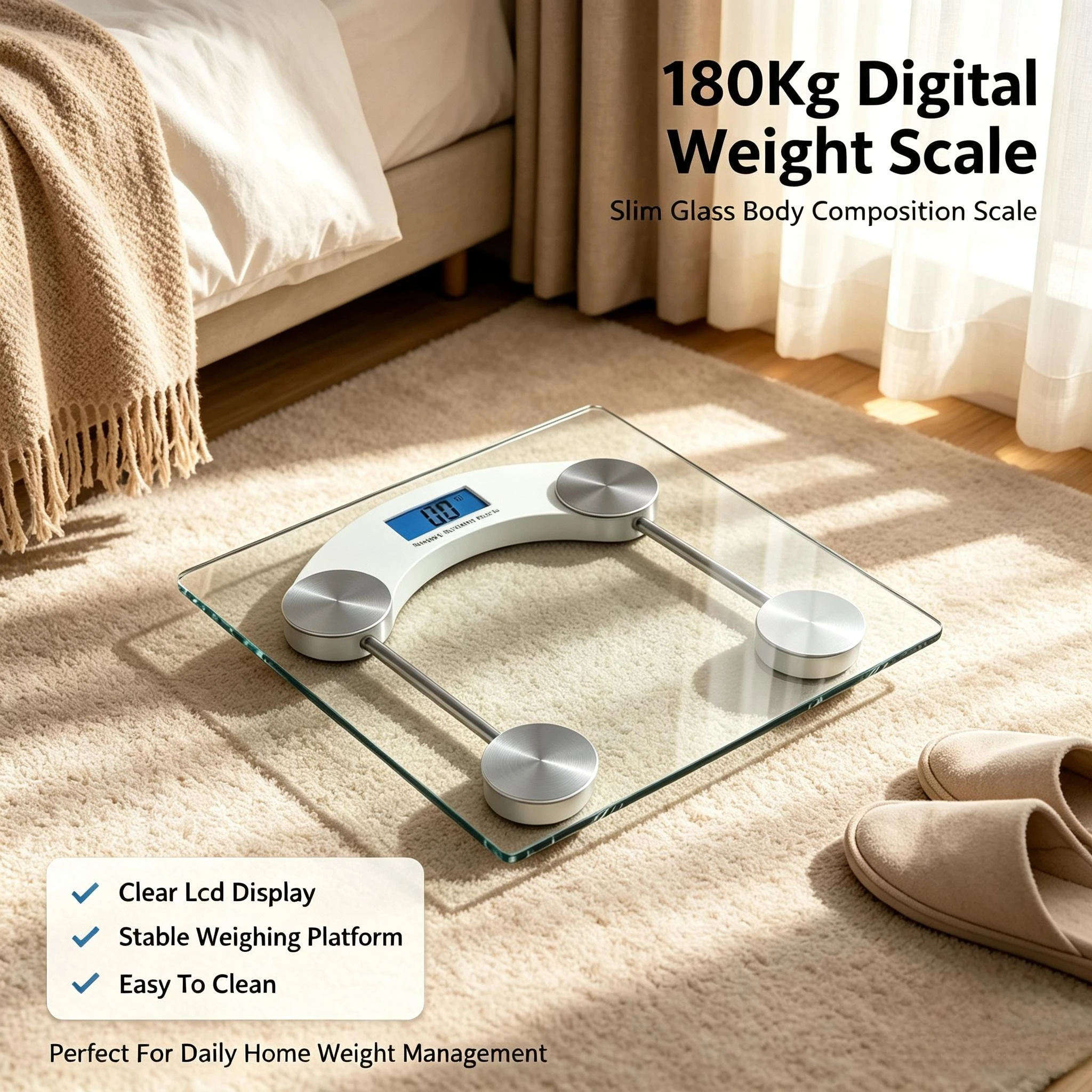 Bilancia digitale per il peso corporeo, con vetro temperato, display LCD, calibrazione automatica, portata massima di 180 kg, ideale per uso domestico, in bagno, in camera da letto e per il