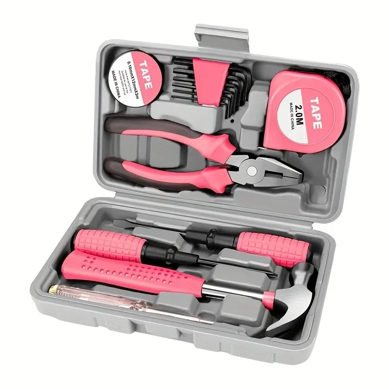 New 13-in-1 Pink Toolbox Contains Compact Manual Repair Tools for Home Use Which Are Essential Supplies for Daily Repairs