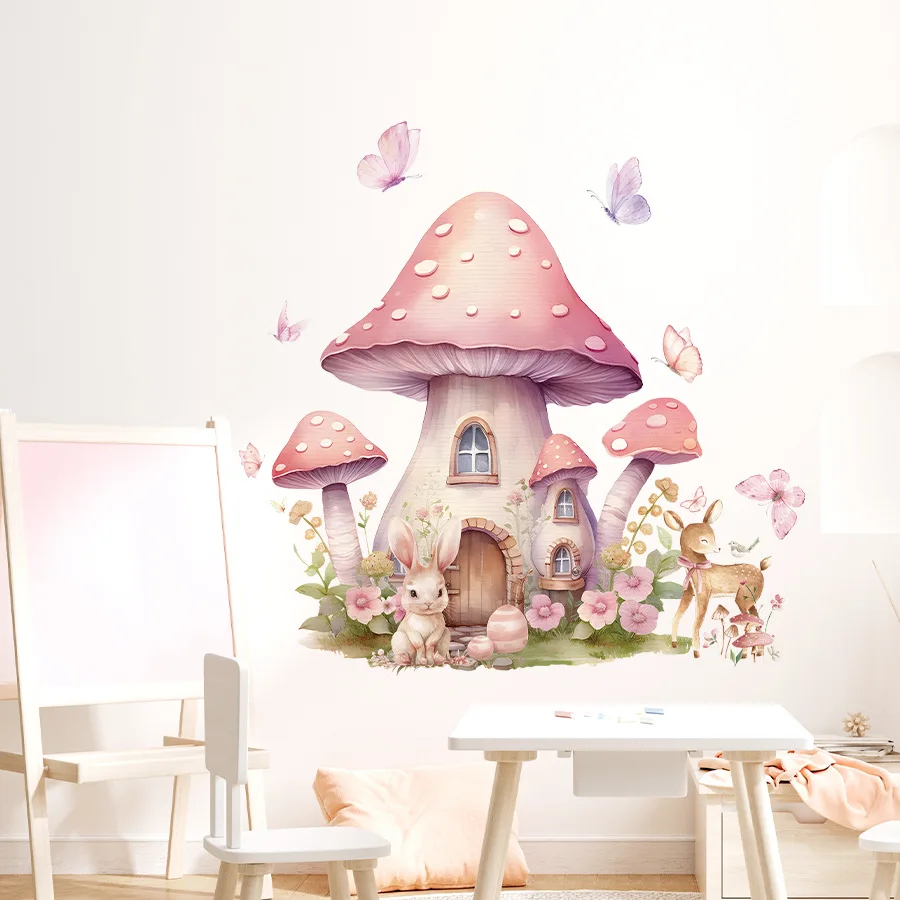 Whimsical Enchanted Forest Wall Decals, Mushroom Cottage with Butterflies Peel and Stick Sticker
