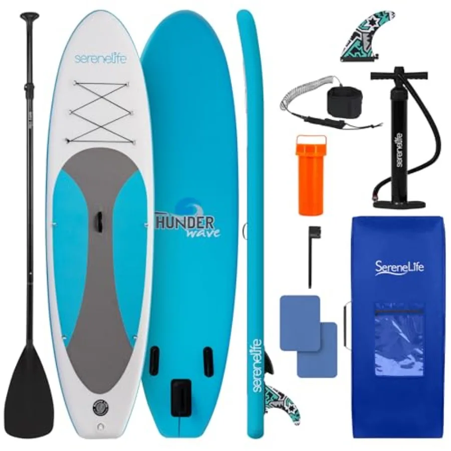 

Inflatable Stand Up Paddle Board for lakes and calm water use, durable PVC material, blue color, wide stable design with non-sl