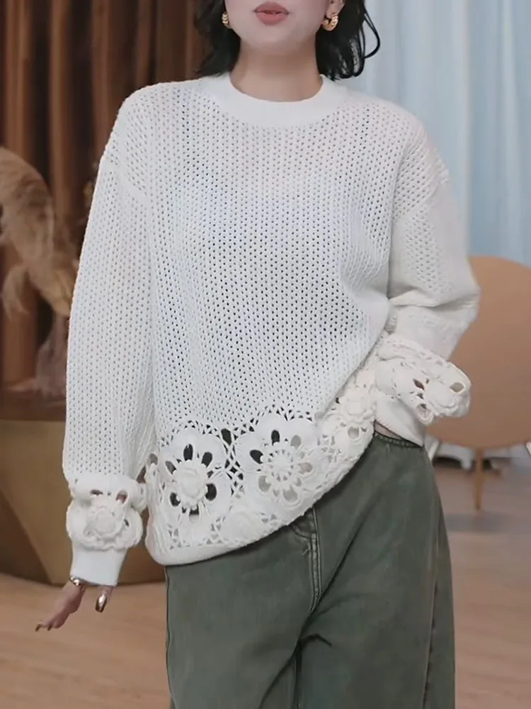 

Белый ажурный вязаный свитер большого размера, осенняя новинка, с длинным рукавом, круглым вырезом, женский топ в корейском стиле для повседневной носки