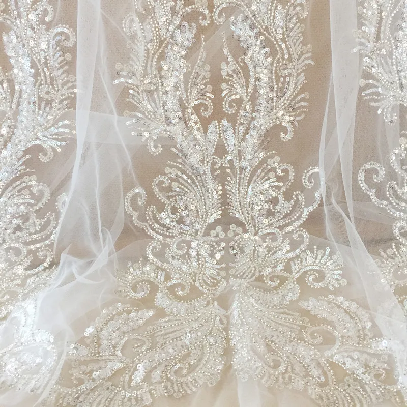 Embroidered Lace Fabric for Wedding Dress, 3D Beaded Embroidery, Large Flower Applique, Patch Accessories