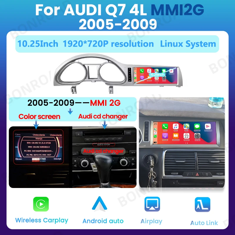 BONROAD 10.25 "Autoradiospeler Draadloze CarPlay Android Auto Multimedia Touchscreen Voor Audi Q7 4L 2005-2015 GPS Bluetooth 5.0