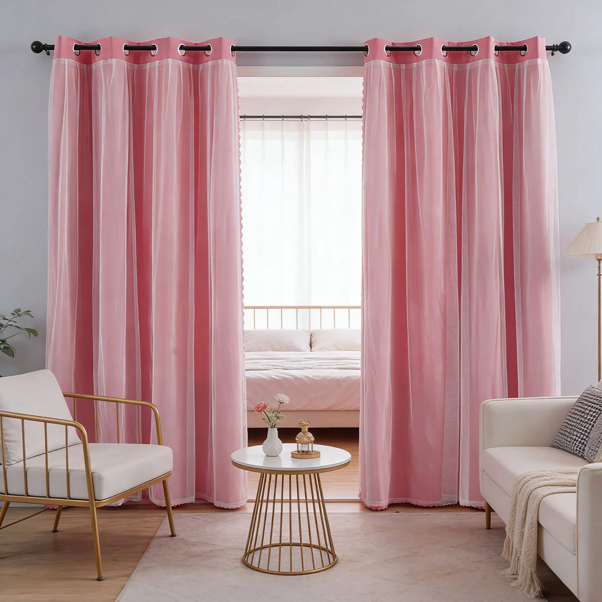 2pcs Pink Striped Double‑Layer Curtains, Grommet Top Sheer‑Blackout Drapes for Bedroom Living Room Home Decor
