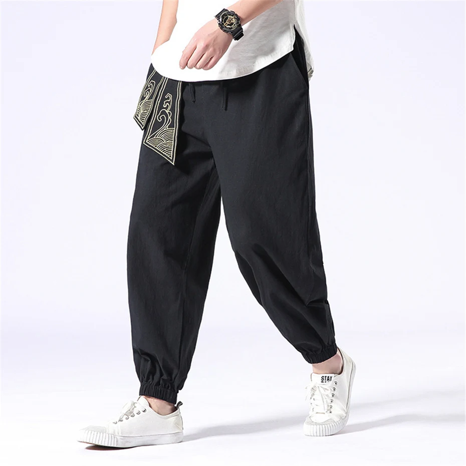 Harem Pants Men Jogger Sweatpants Fashion Casual Chinese Style Pants Belt Design Trousers Elastic Waist