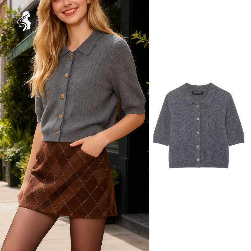 

Женский вязаный кардиган с зубчатым воротником, однобортный модный повседневный вязаный кардиган, универсальный весенний повседневный наряд Trafizaran