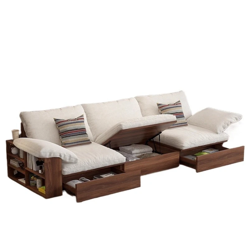 Solid wood cloud  retro style cotton and linen removable and washable multi-functional storage fabric sofa