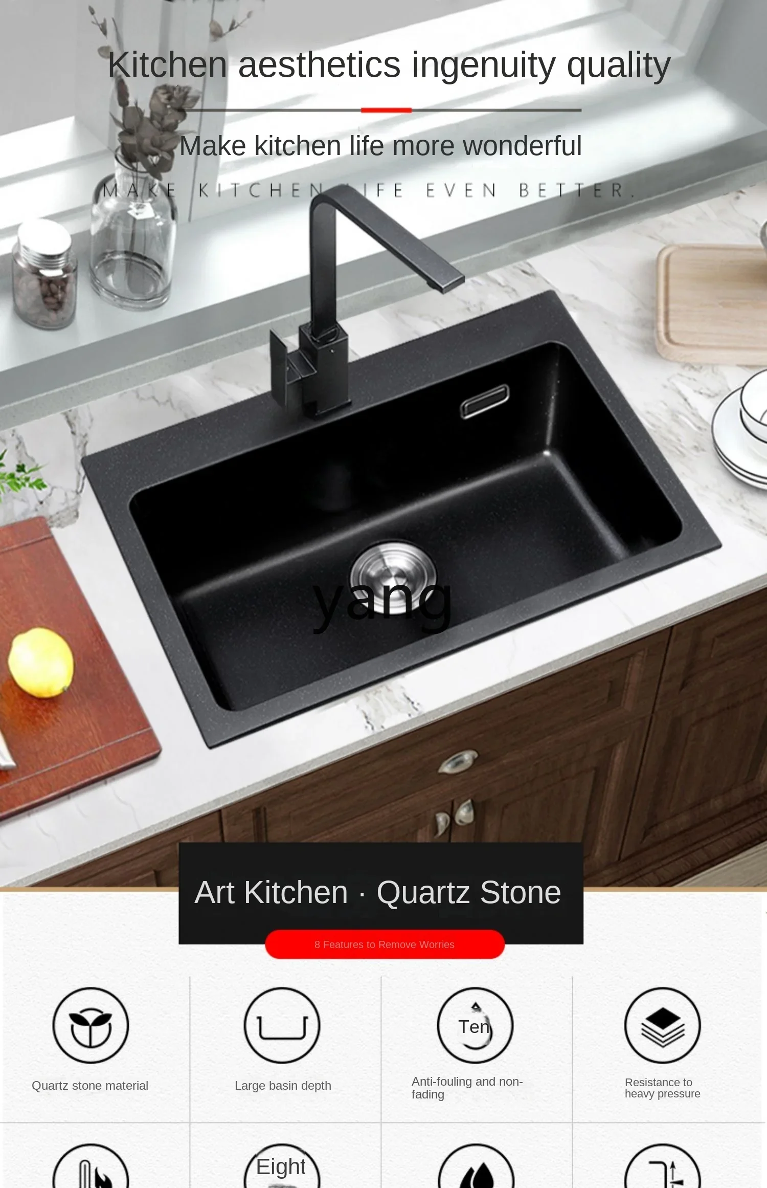 CX kitchen black quartz stone large sink vegetable basin kitchen counter up and down sink