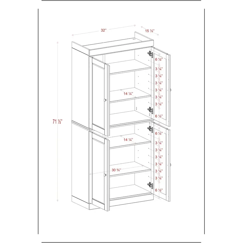 Solid Wood Kitchen Pantry Cabinet 71.5 Tall x 32 Wide Wooden Storage Cabinet with 4 Doors Adjustable Shelves Mocha 100