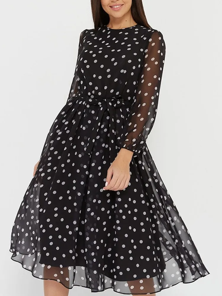 Spring Summer Women\'s Chiffon Dress Long Sleeves Round Neck Coffee Color Black Polka Dot Fashion Print Casual Comfortable Dress