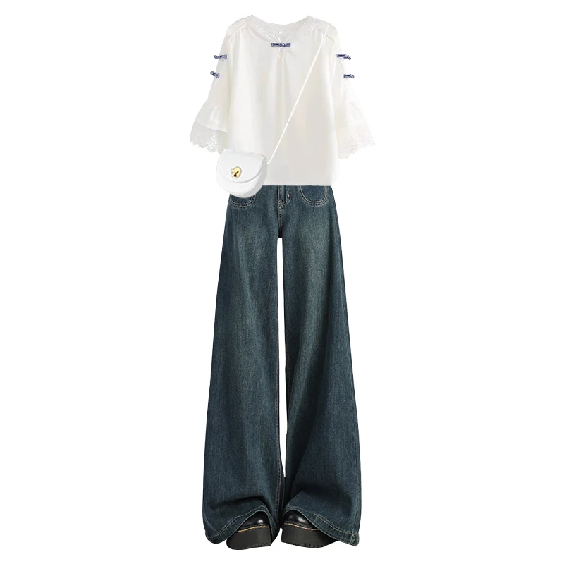 Anti-età Estate 2025 Faion Set da donna Casual Vita alta Vintage Dimagrante Denim Jeans e irt Ensemble in due pezzi