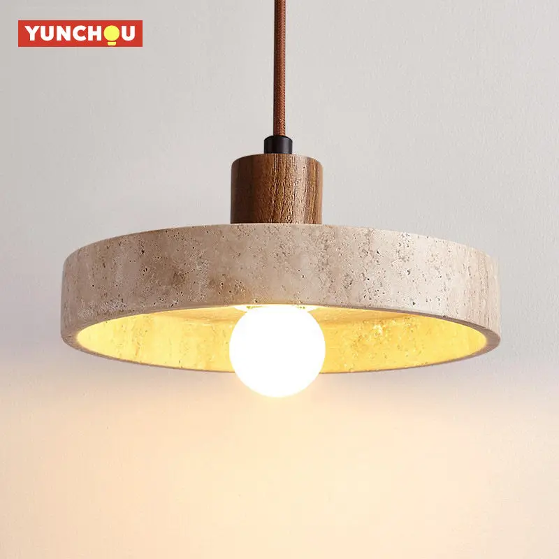 Luma Wabi Sabi Yellow Travertine Pendant Light Stone Wood with E27 for Kitchen Island Bedside Restaurant Bedroom Decor