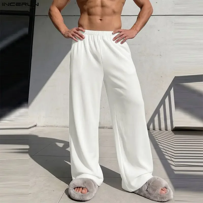 INCERUN Men's Wide Leg Pants Solid Color Elastic Waist Joggers Trousers For Men Streetwear Loose Workout Casual Cozy Long Pants