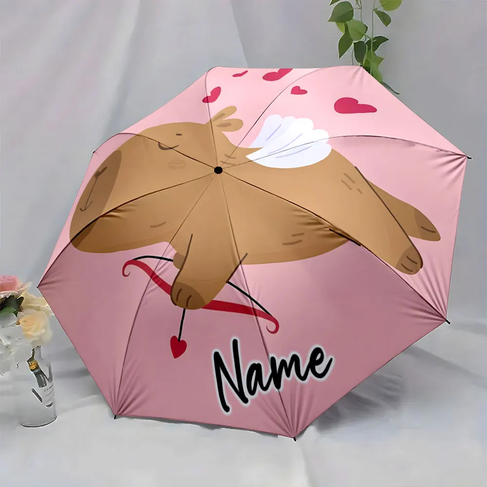 Custom Name Cupid Design Pink Umbrella with Love Hearts Print 8 Iron Ribs Folding Umbrella, Auto-Open Fashion Sunshade