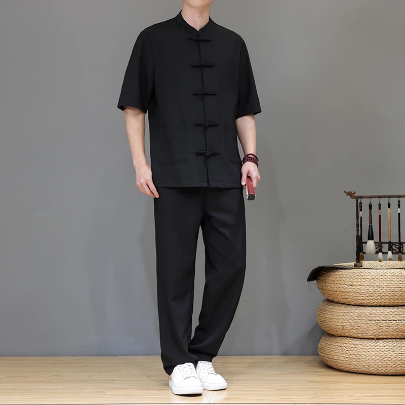 Chinese Tang Suit Ice Silk Short Sleeve Shirt +Trousers Mens Hanfu Kung Fu Shirt Tai Chi Linen Sets Men Summer Kung Fu Suit