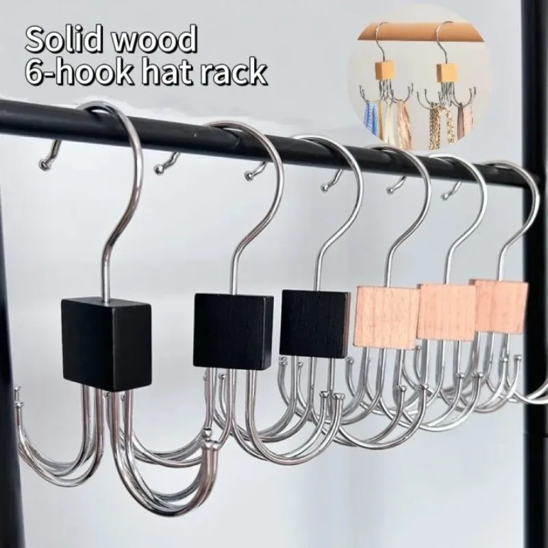 360° Rotating Storage Hanger Hook Six-Claw Bag Metal Belts Rack Wooden Organizer for Bras Ties Scarves Household Closet