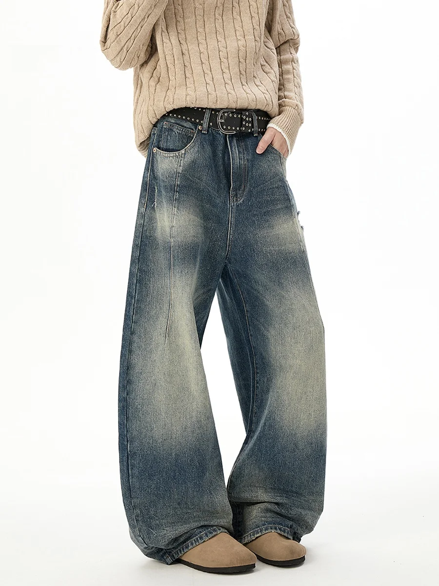 

Retro American Denim Jeans Men's Trendy Vibe Waed Wide Leg Straight Cut Torn Knife Autumn Casual Jeans