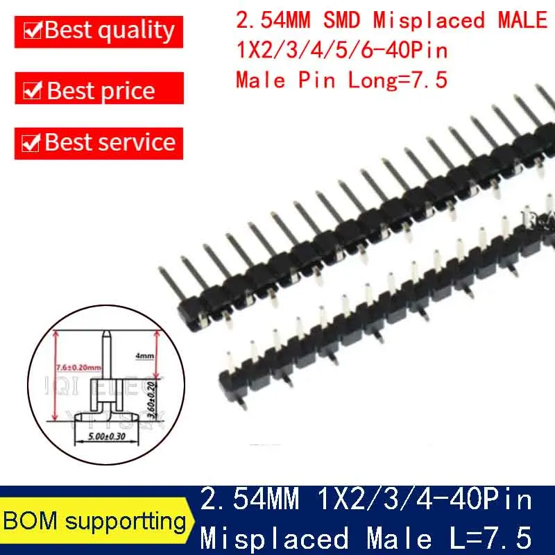 10pcs 2.54mm SMD  Misplaced Male Single Row SMT 1X3/5/6P 10P 20P Stackable PCB Female Pin Header Socket Connector male long 7.5