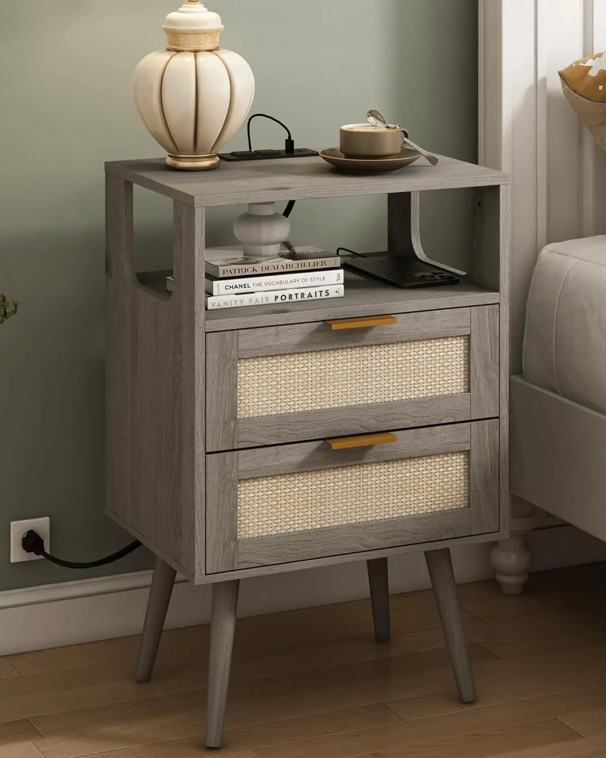 

Rattan Nightstand with Charging Station, 2 Drawers & Open Shelf, Modern Bedside Table for Bedroom, Grey Oak (Solid Wood Legs)