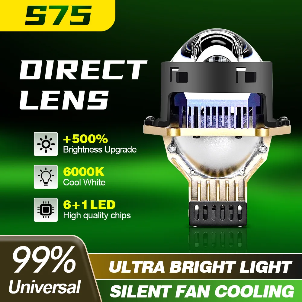 

S75 3 Inch Bi LED Projector Headlights with Halo Ring, 75W High Power Laser Style, No Damage H4 H7 H11 Car LED Headlamp