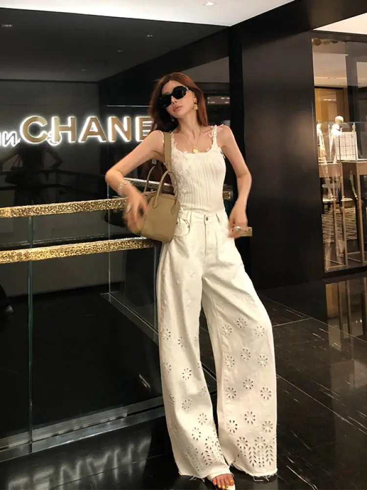 

LILILIWJ Pure Cotton Embroidered Hollow out Casual Pants Women's Summer Design Heavy Embroidery Thin Commute Wide Leg Pants