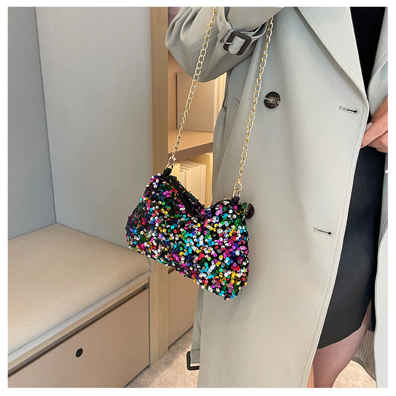 Color Sequins Shoulder Bag For Women Simple Chain Underarm Bag Wedding Party Evening Clutch Bag Fashion Handbag Phone Purse