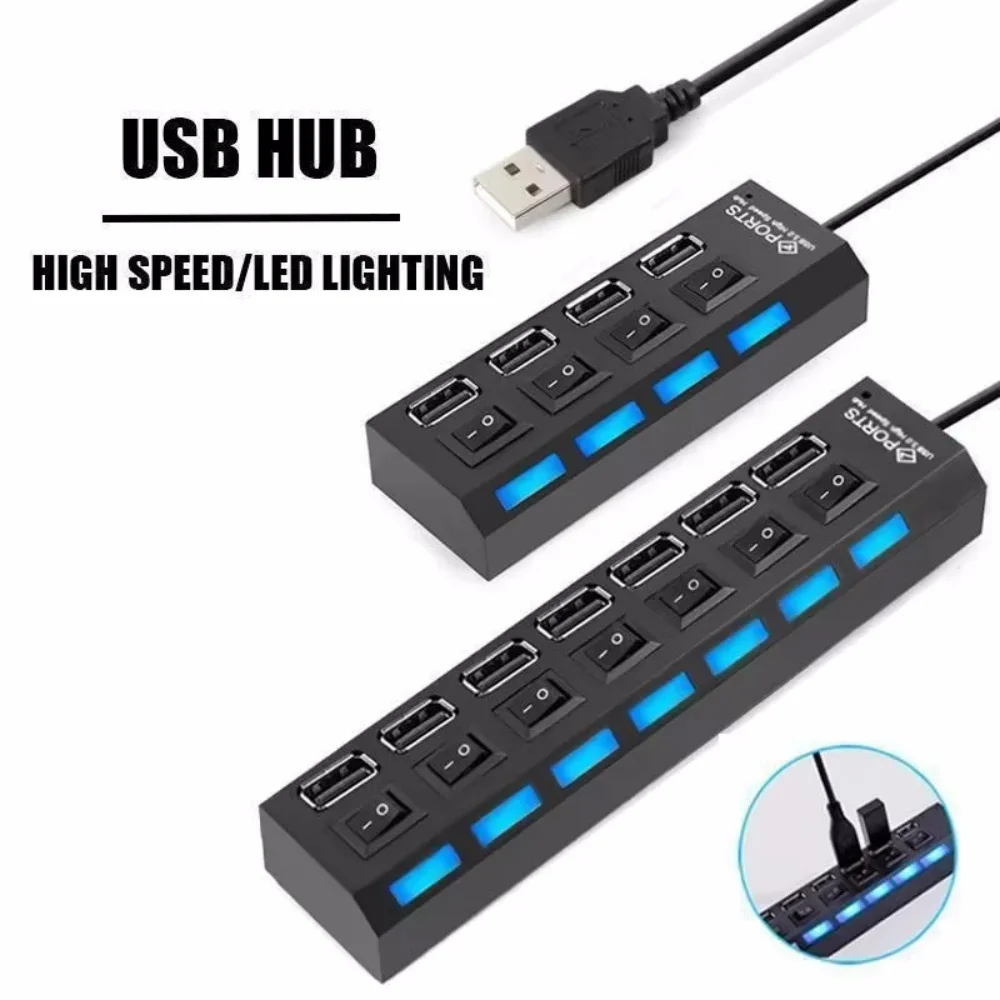 4/7 Port with LED Light USB 2.0 Adapter Hub with Independent Power on Off for Computers Tablets Supports Data Transmission