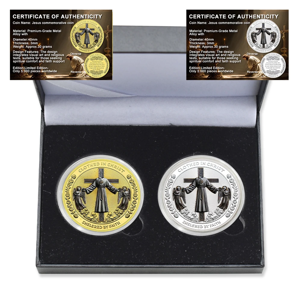 

2pc/box Christian Commemorative Coin, Jesus Cross, Metal Zinc Alloy Medal, with Certificate and Gift Box, Collectible Gift
