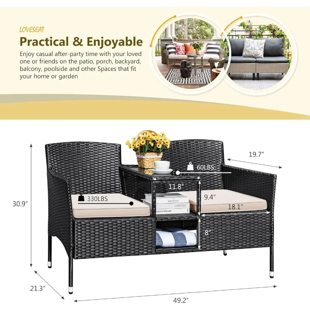 Outdoor terrace double sofa modern rattan 2-seater set with cushions and built-in coffee table furniture for garden lawnbackyard