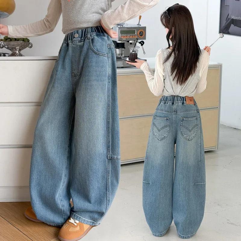 Children‘s Fashion Vintage Wide Leg Baggy Jeans for Teen Girls Casual Loose Straight Denim Pants Kids Spring Fall Trousers