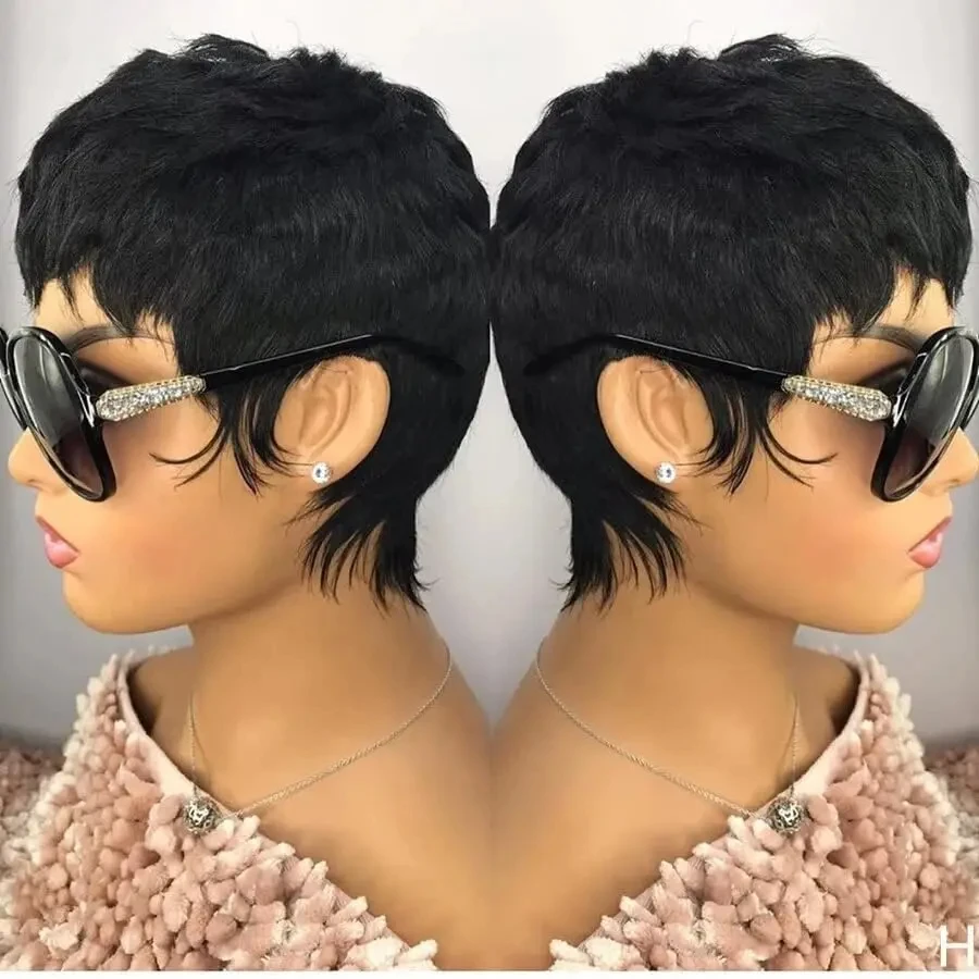 Perucas de Bob Curto para Mulheres Negras, Pixie Corta Perucas com Franja, Camada Ondulada, Máquina Completa Feita, Cabelo Humano, Cor 1B